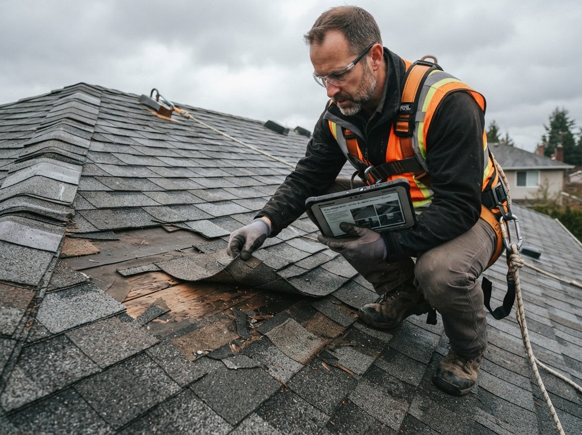 Roofing inspector examining storm-damaged and missing shingles on a residential roof
