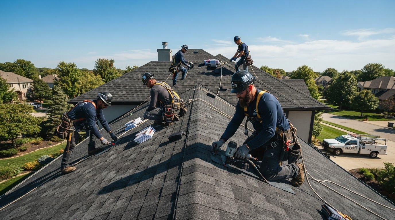 Professional roofing crew installing architectural asphalt shingles on a residential roof