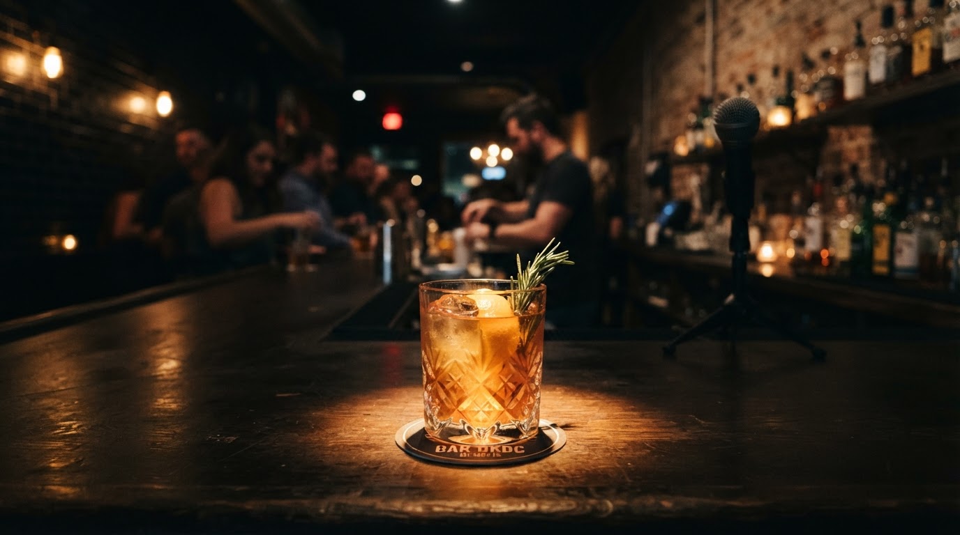 Moody lounge scene with cocktail and microphone