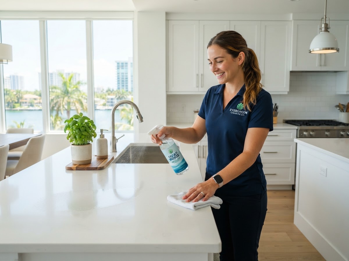 Sparkly Group Services cleaner wiping down a bright modern kitchen