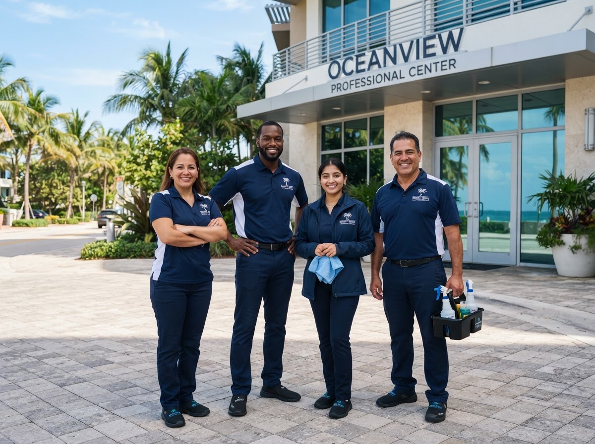 Sparkly Group Services cleaning team outside a South Florida building