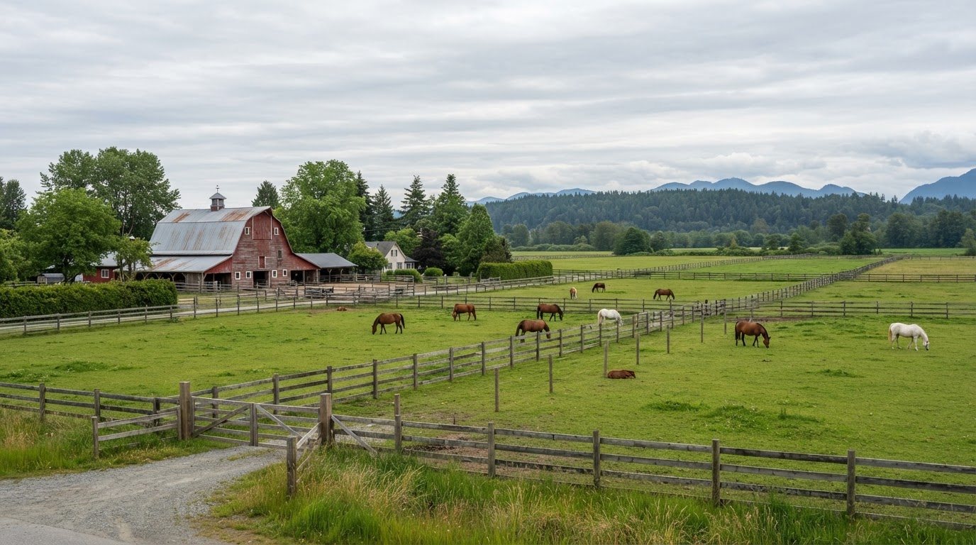 Equestrian acreages, mixed livestock, berry and vegetable land, and rural residential parcels. in Surrey, Fraser Valley, British Columbia