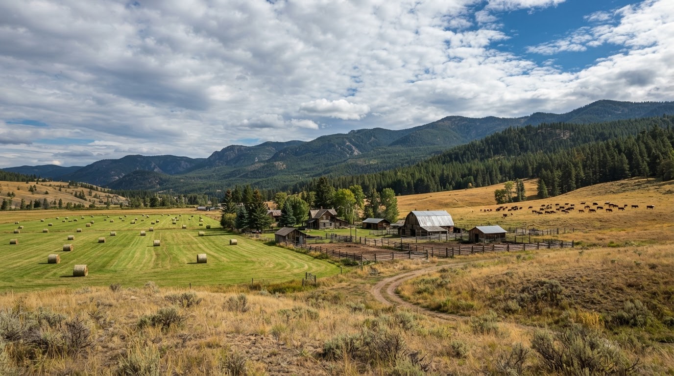 Cattle ranches farmland in the Cariboo, British Columbia