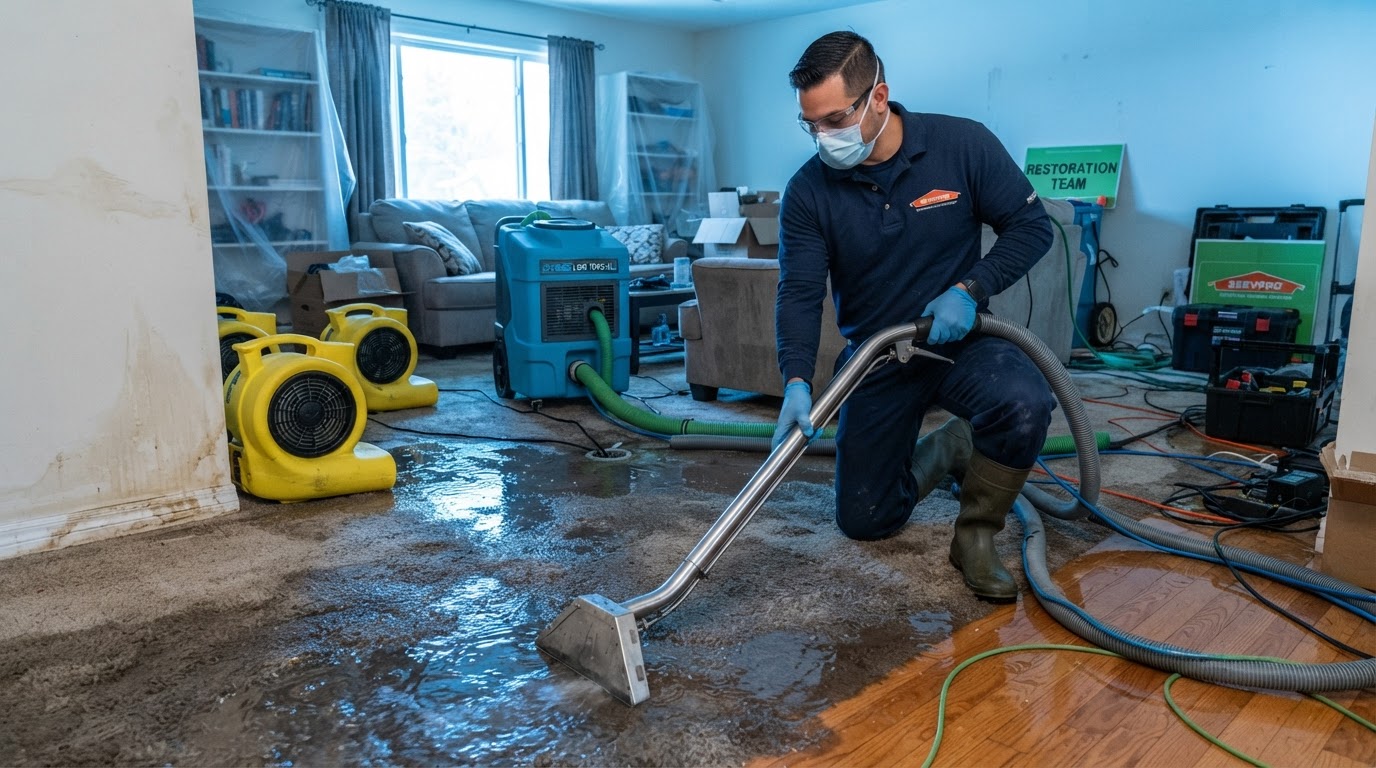 Water damage restoration technician operating extraction equipment and drying fans in a flooded Fort Worth home
