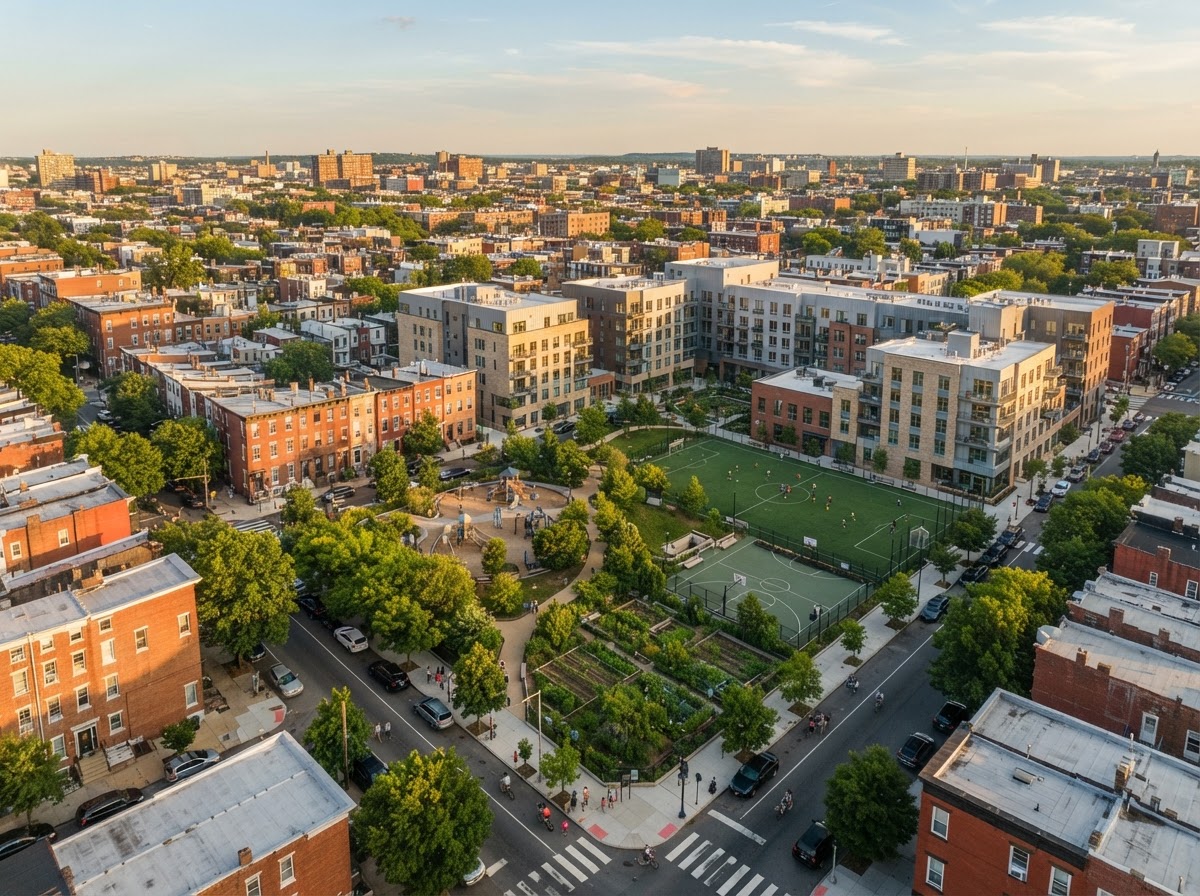 Aerial view of a revitalized urban neighborhood
