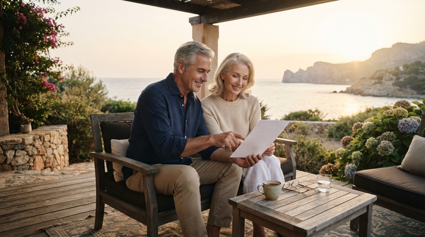 A relaxed retired couple reviewing their retirement plan on a sunlit porch