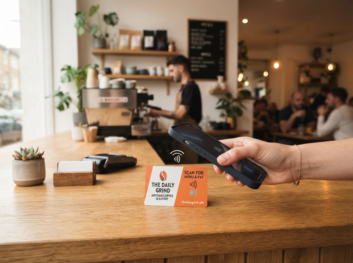 Tarjeta NFC de atajo directo en el mostrador de un negocio real