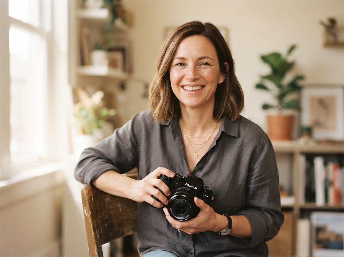 Founder holding a mirrorless camera, relaxed and approachable