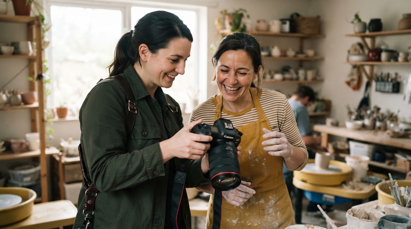 Photographer showing a business owner the camera screen during a relaxed shoot