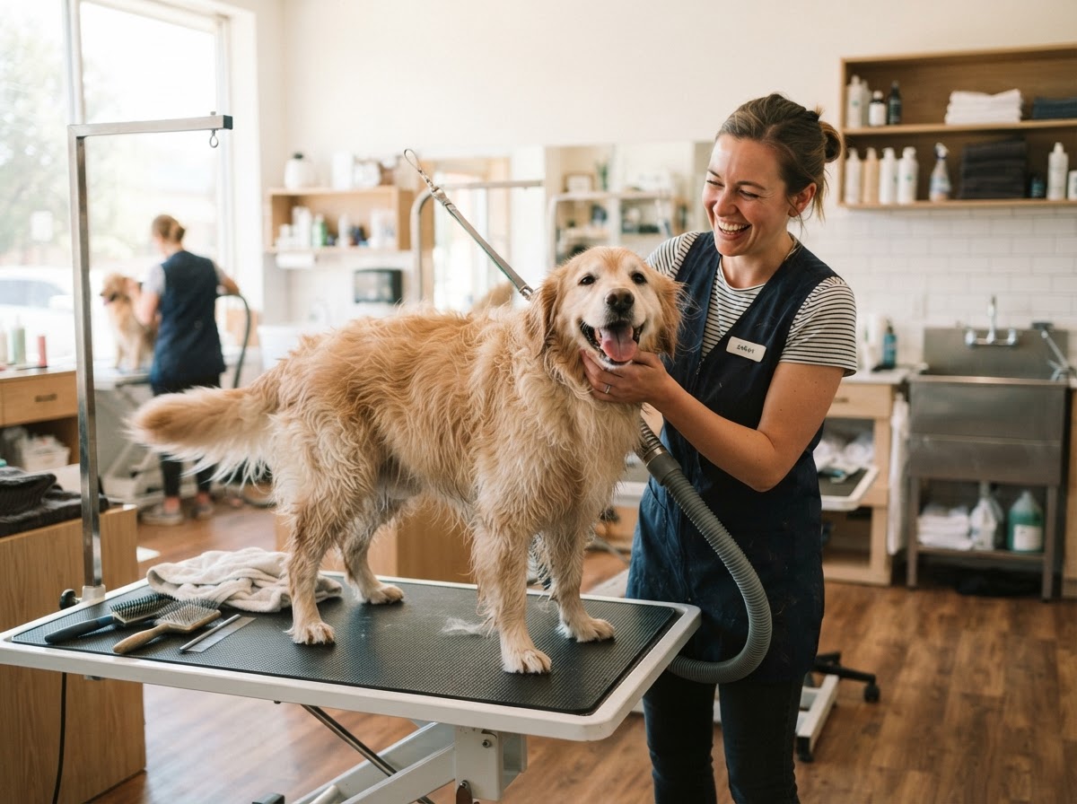 Dog groomer drying a happy dog in a bright salon