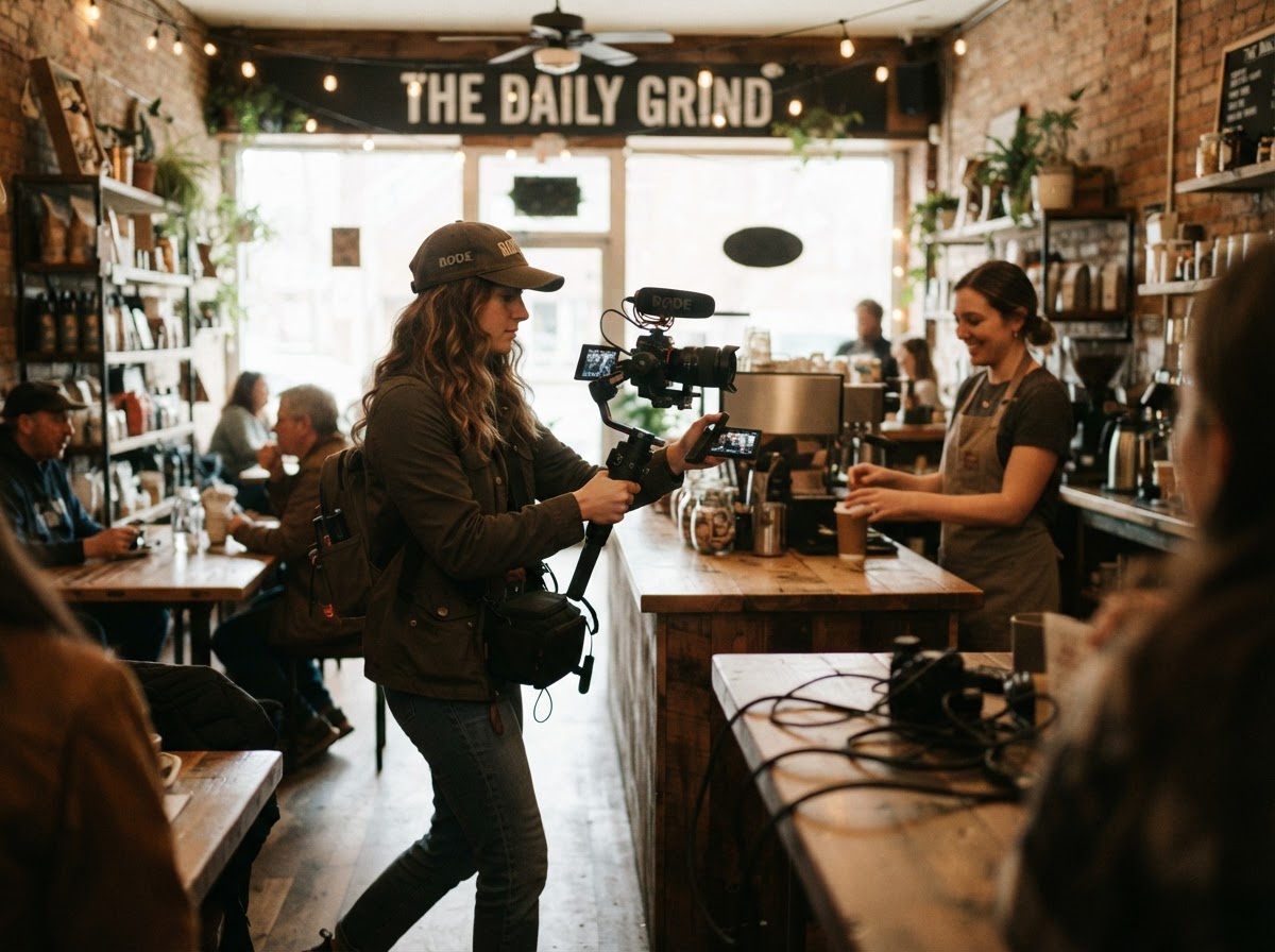 Videographer filming inside a local business with a camera on a gimbal