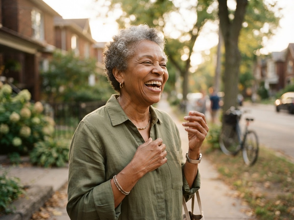 Everyday person laughing outdoors in golden hour
