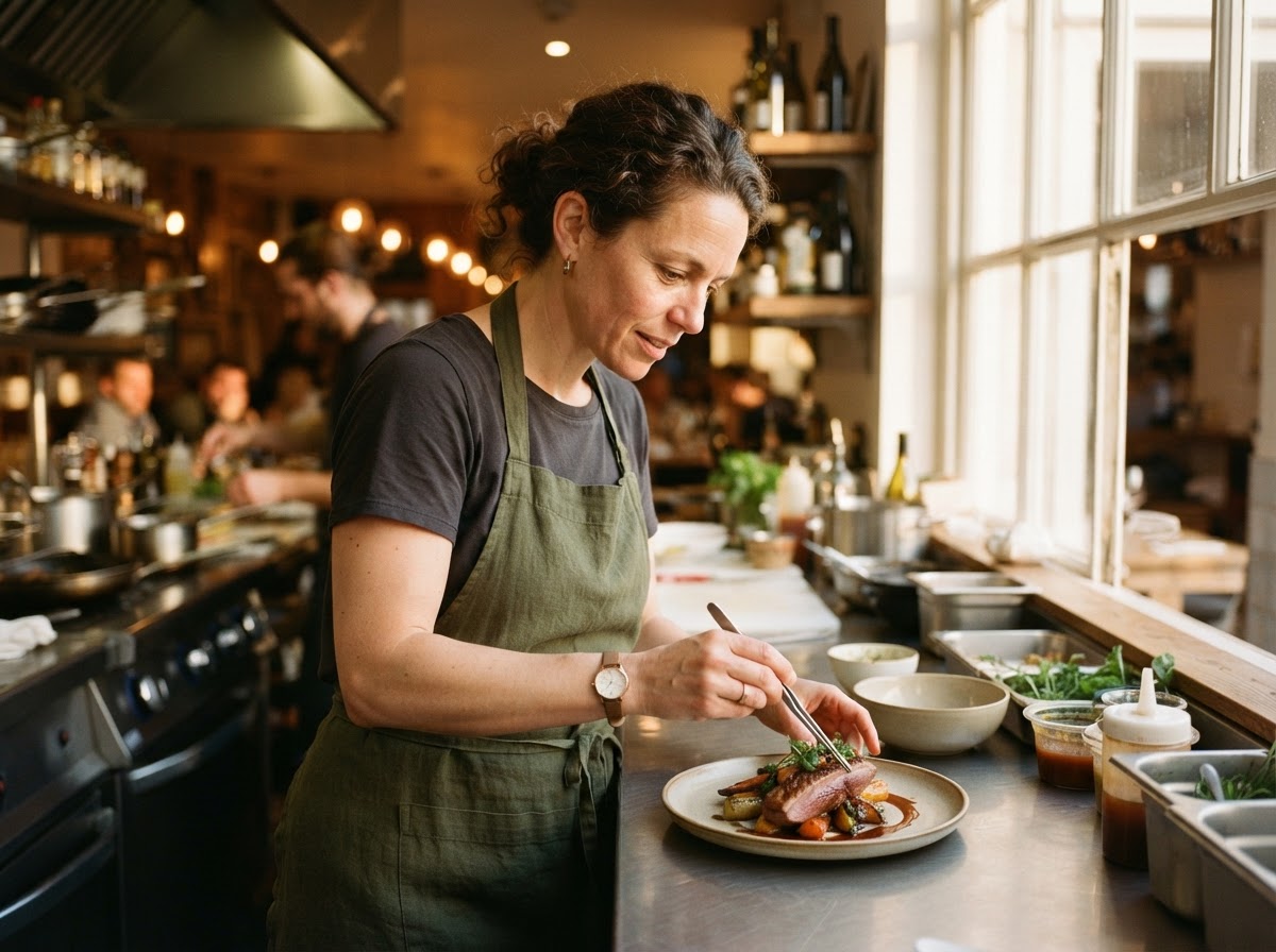 Restaurant owner plating a dish in a warm open kitchen during golden hour
