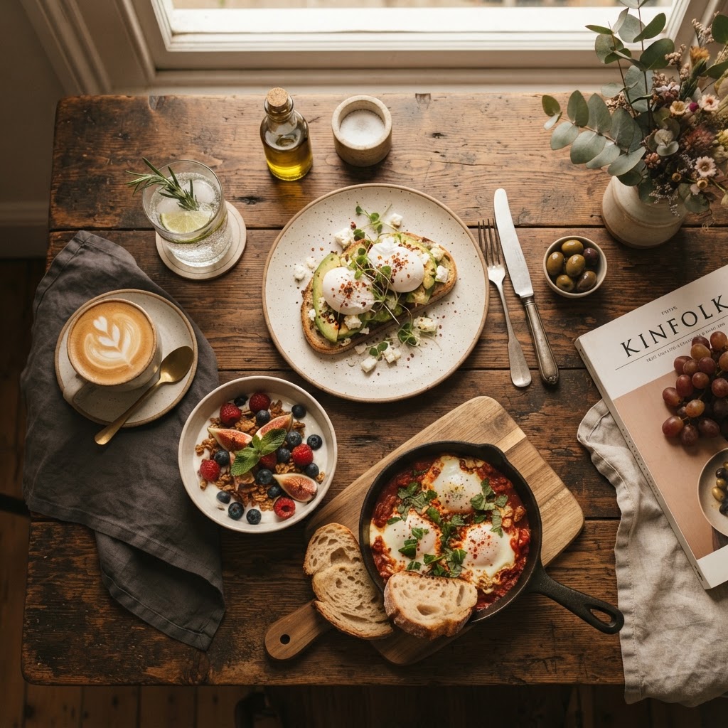 Overhead food flat lay on a dark wood table