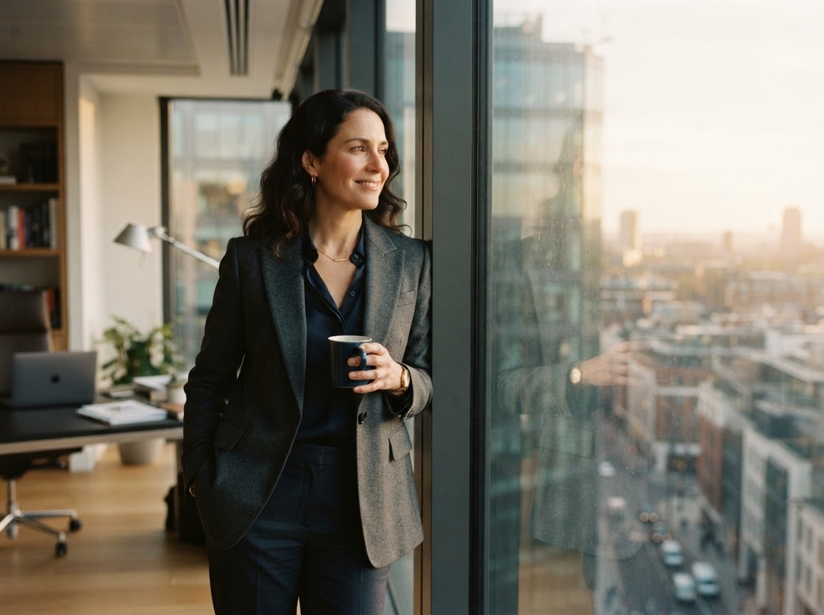 Executive in a relaxed moment near an office window