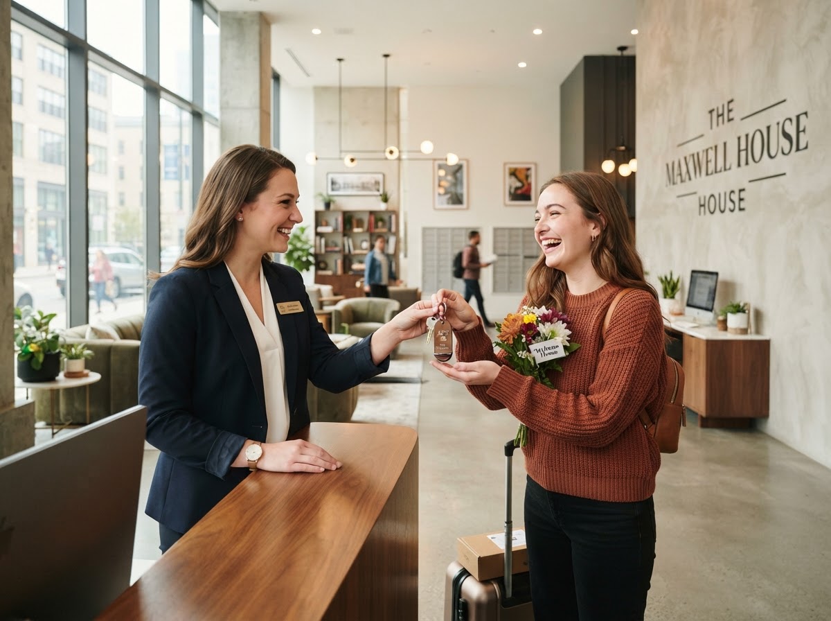Property manager handing keys to a resident in a modern lobby