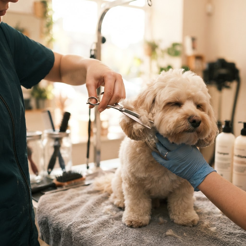 Groomer detail, hands trimming fur