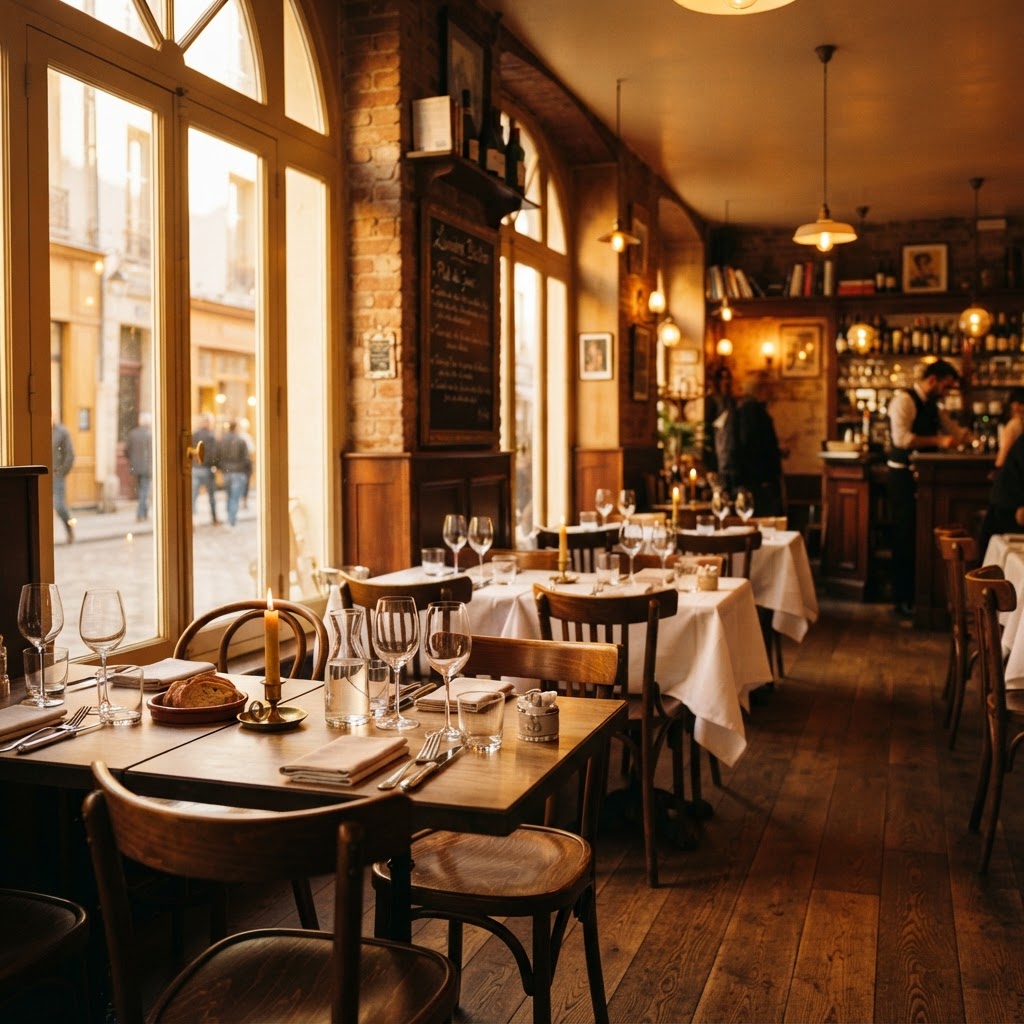 Restaurant interior at golden hour