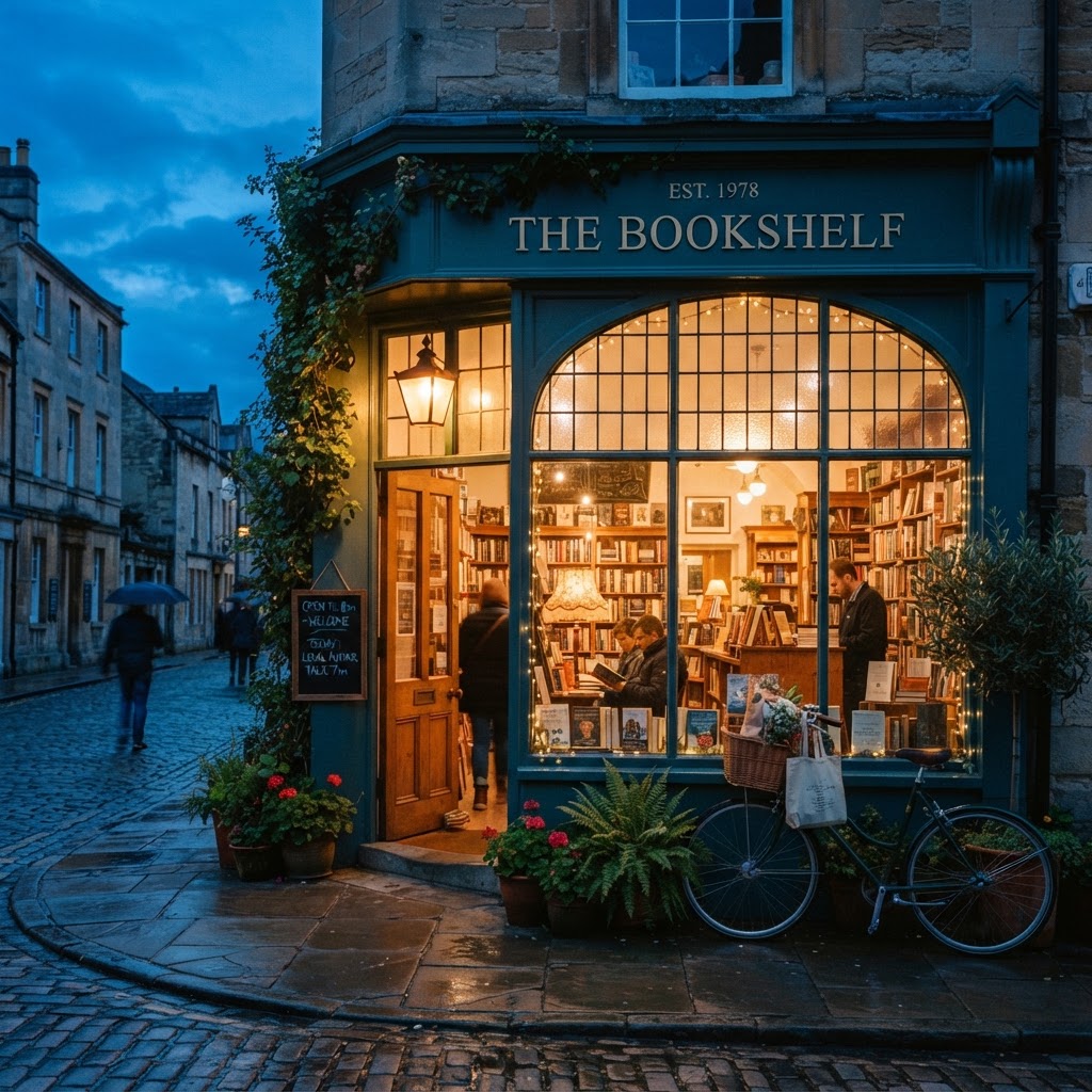 Storefront glowing at dusk
