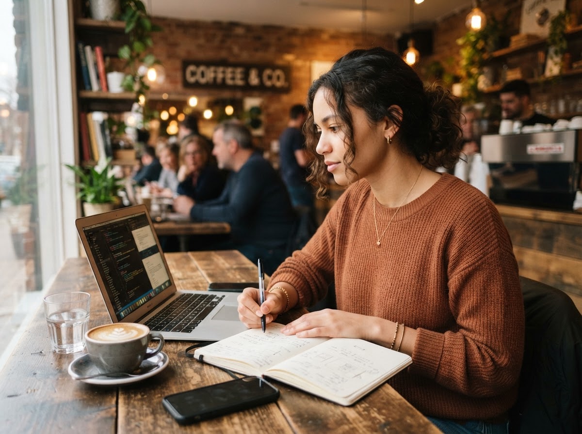 Solopreneur working at a sunlit coffee shop