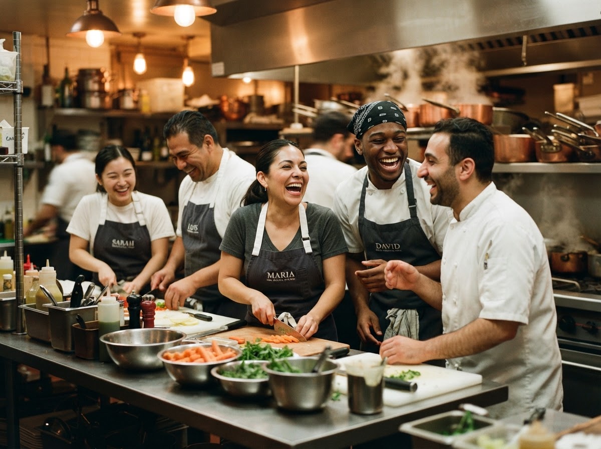 Restaurant team laughing during prep before service