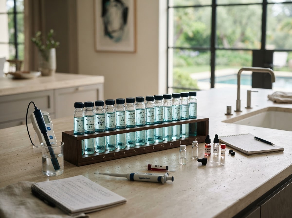 Precision diagnostic water testing vials on a premium kitchen counter