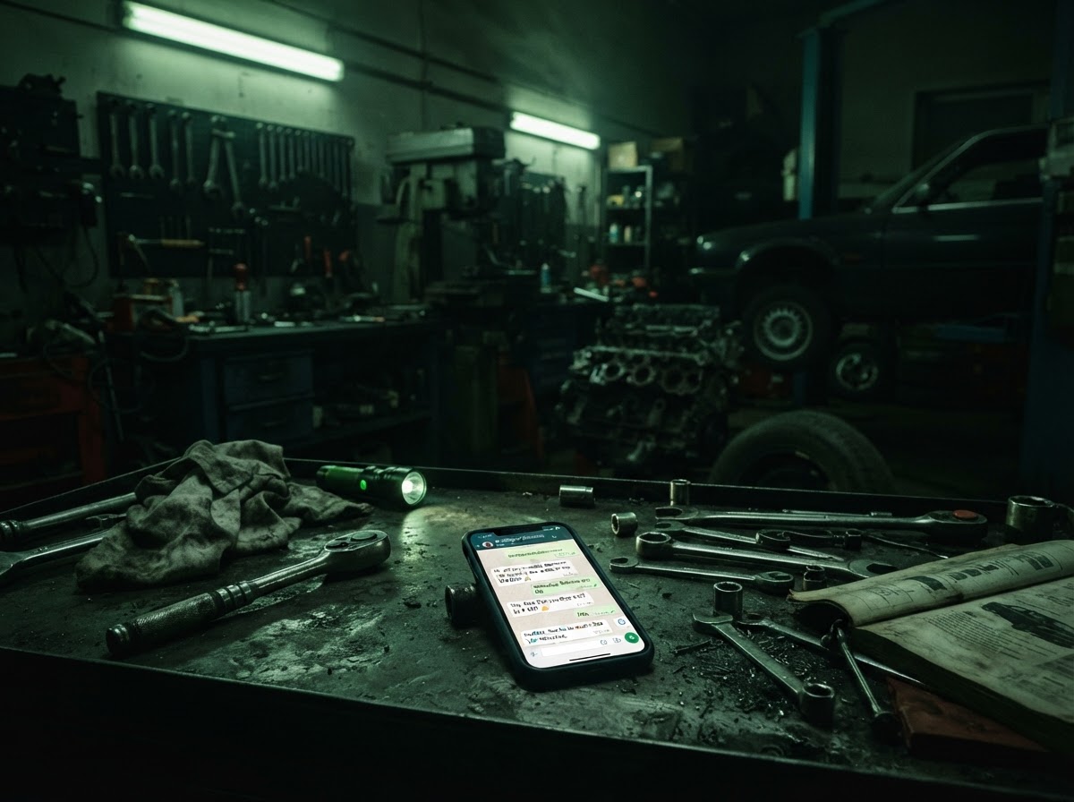 Conversación de WhatsApp con cliente de taller mecánico en ambiente nocturno