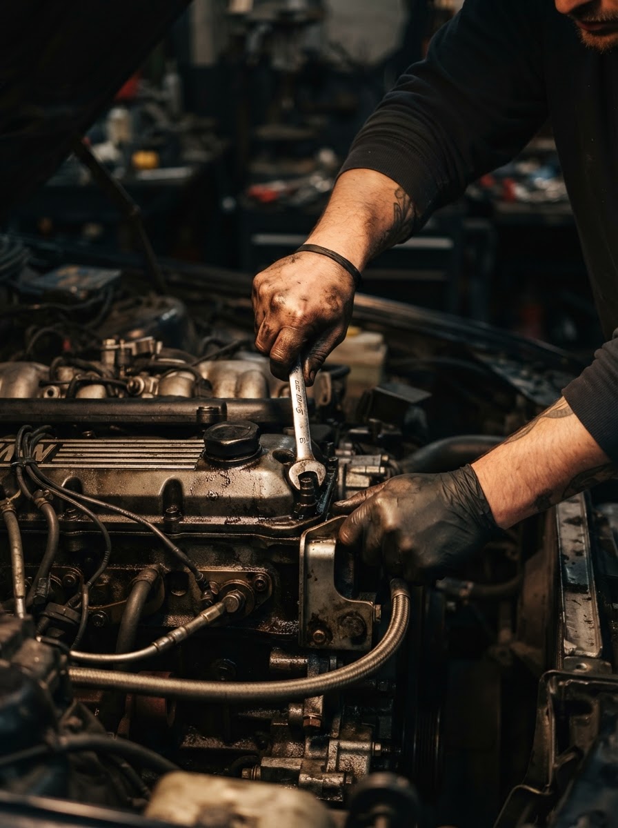 Manos de un mecánico trabajando en un motor con herramientas