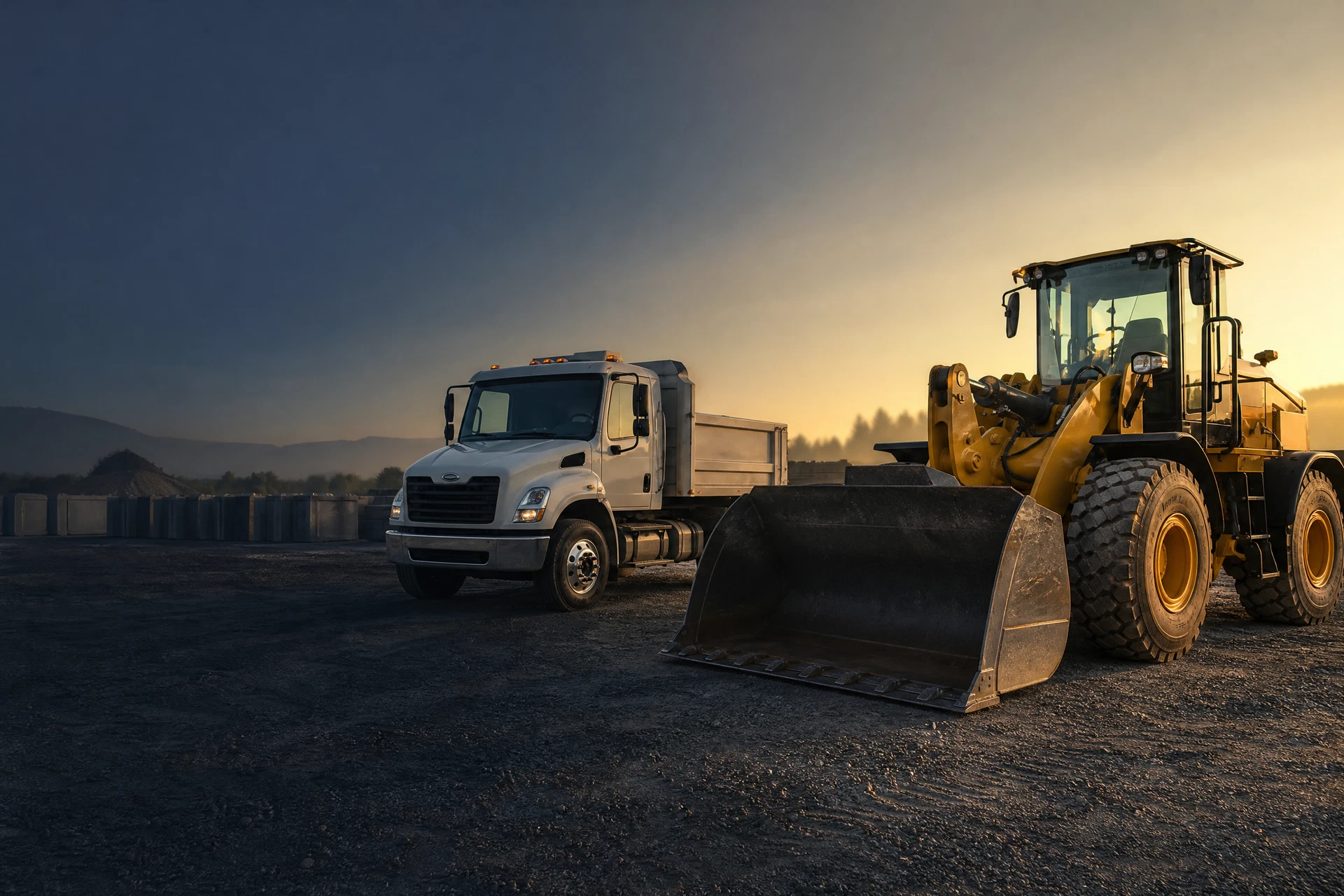 Commercial construction equipment and a business truck in an industrial yard