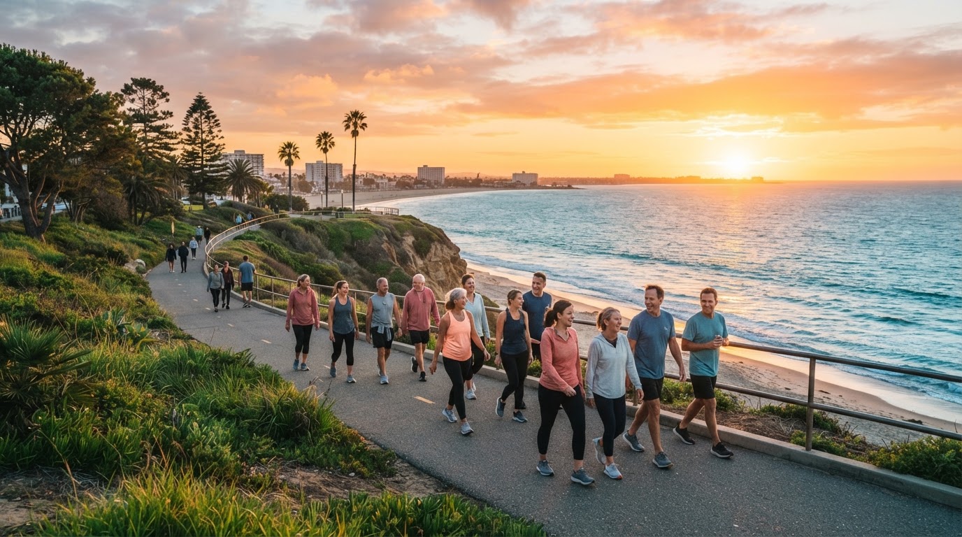 Sunrise over the Long Beach bluff with walkers along the coastal path