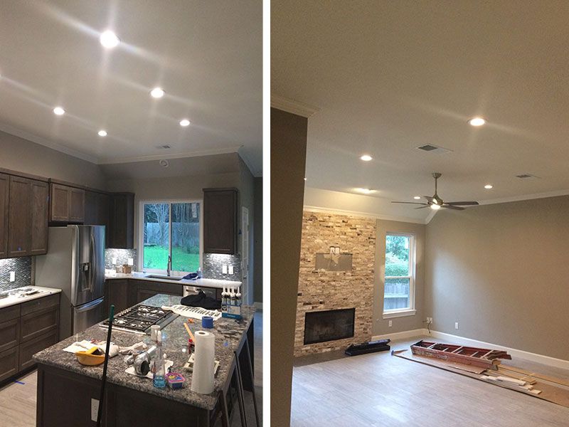 Kitchen and living room recessed lighting and ceiling fan installation by Advance Wiring