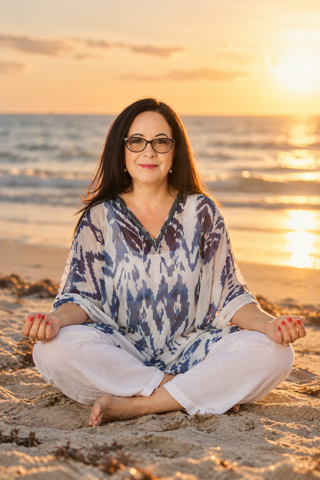 Angela Barrios-Cohen on the beach at golden hour