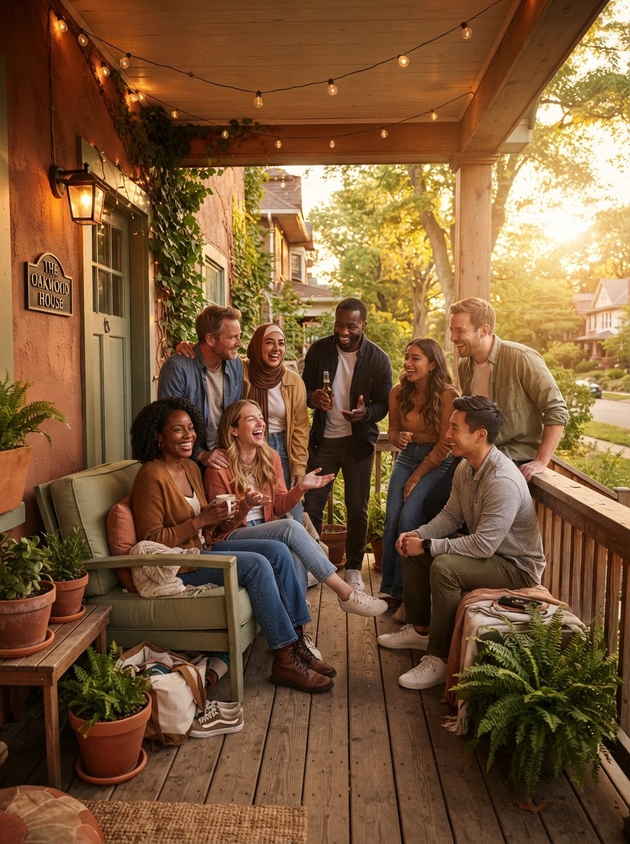 Neighbors gathered on a welcoming front porch at golden hour