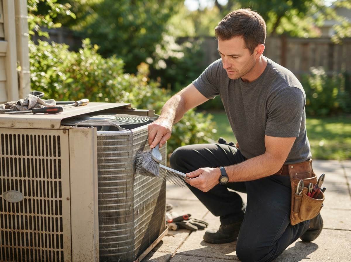 HVAC technician cleaning an outdoor condenser coil during preventive maintenance