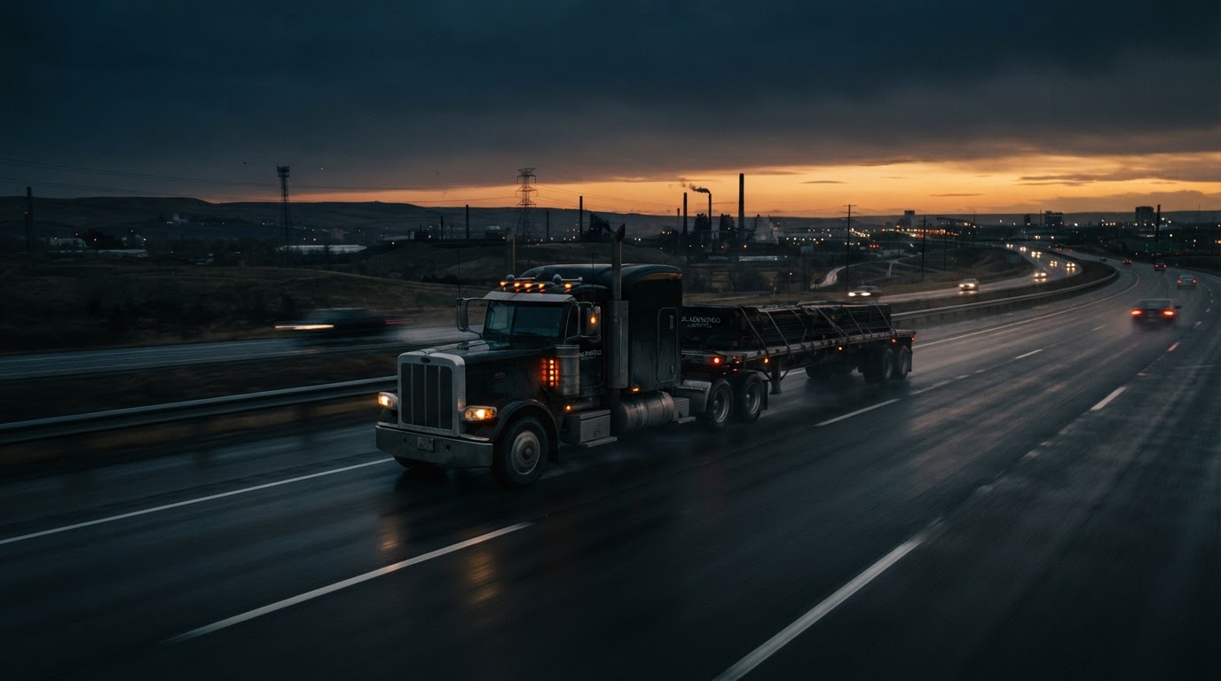 Black semi-truck driving on an open highway at dusk