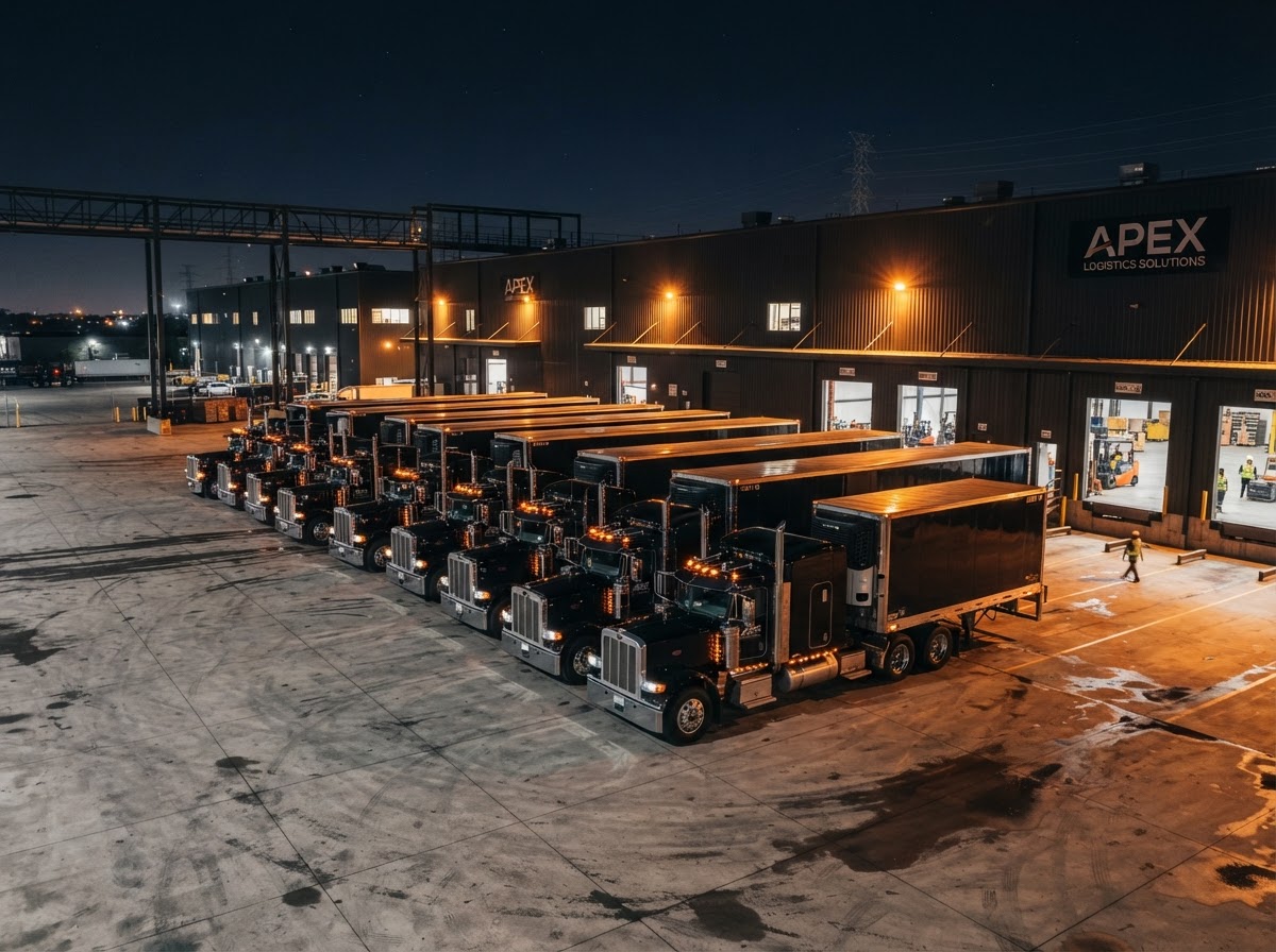 Fleet of semi-trucks lined up at a logistics warehouse at night