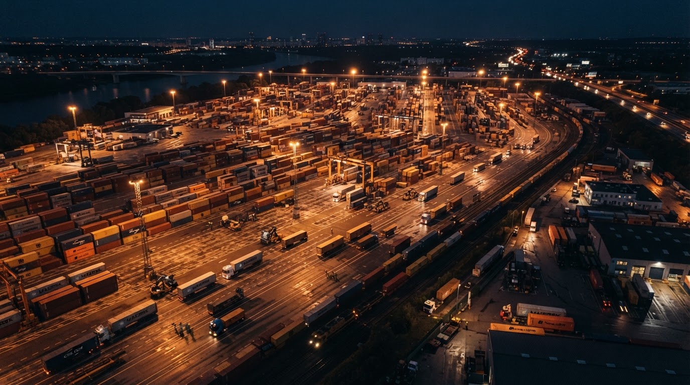 Aerial view of a freight logistics yard at night
