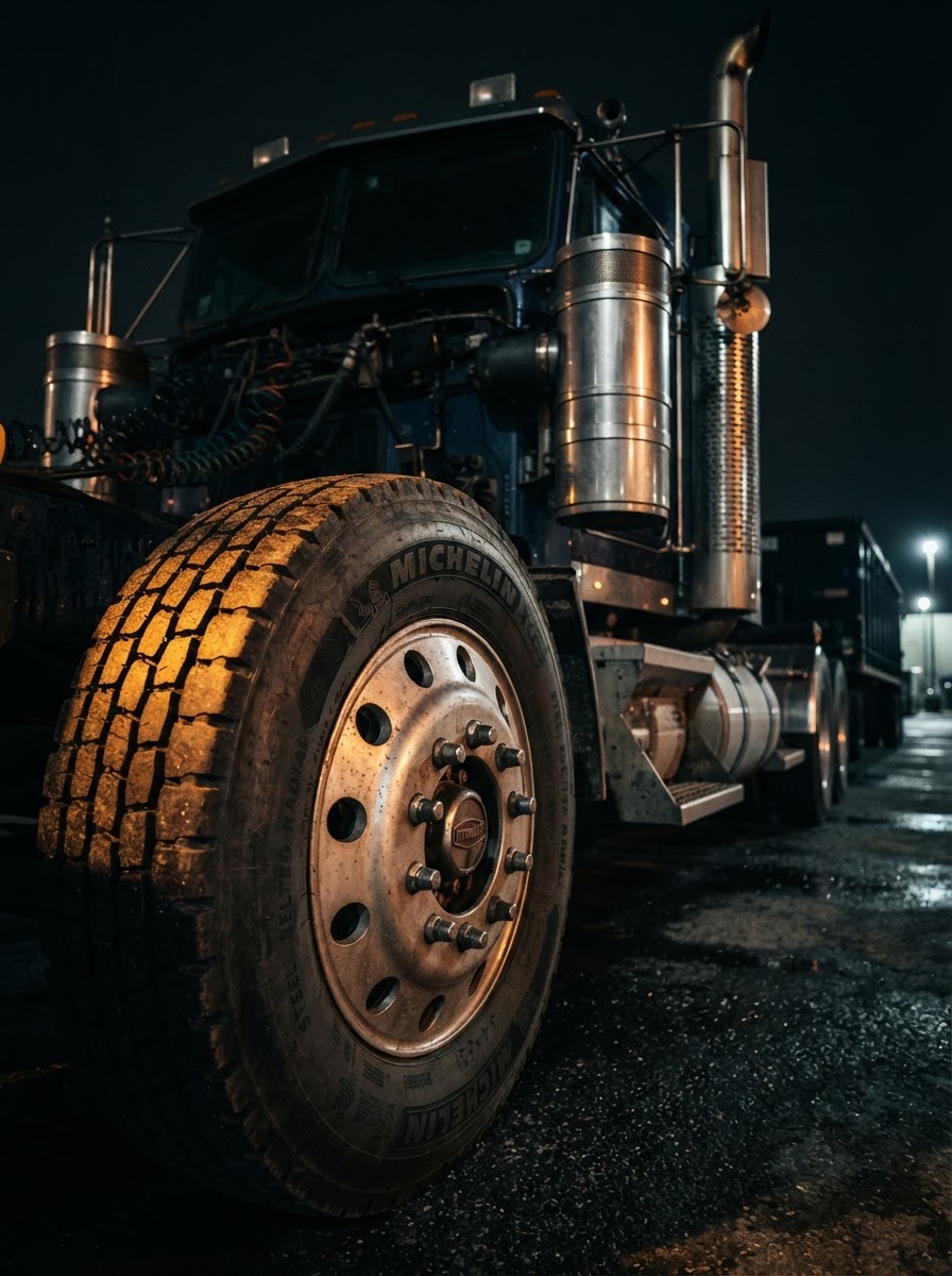 Close-up of a semi-truck wheel and chrome exhaust stack