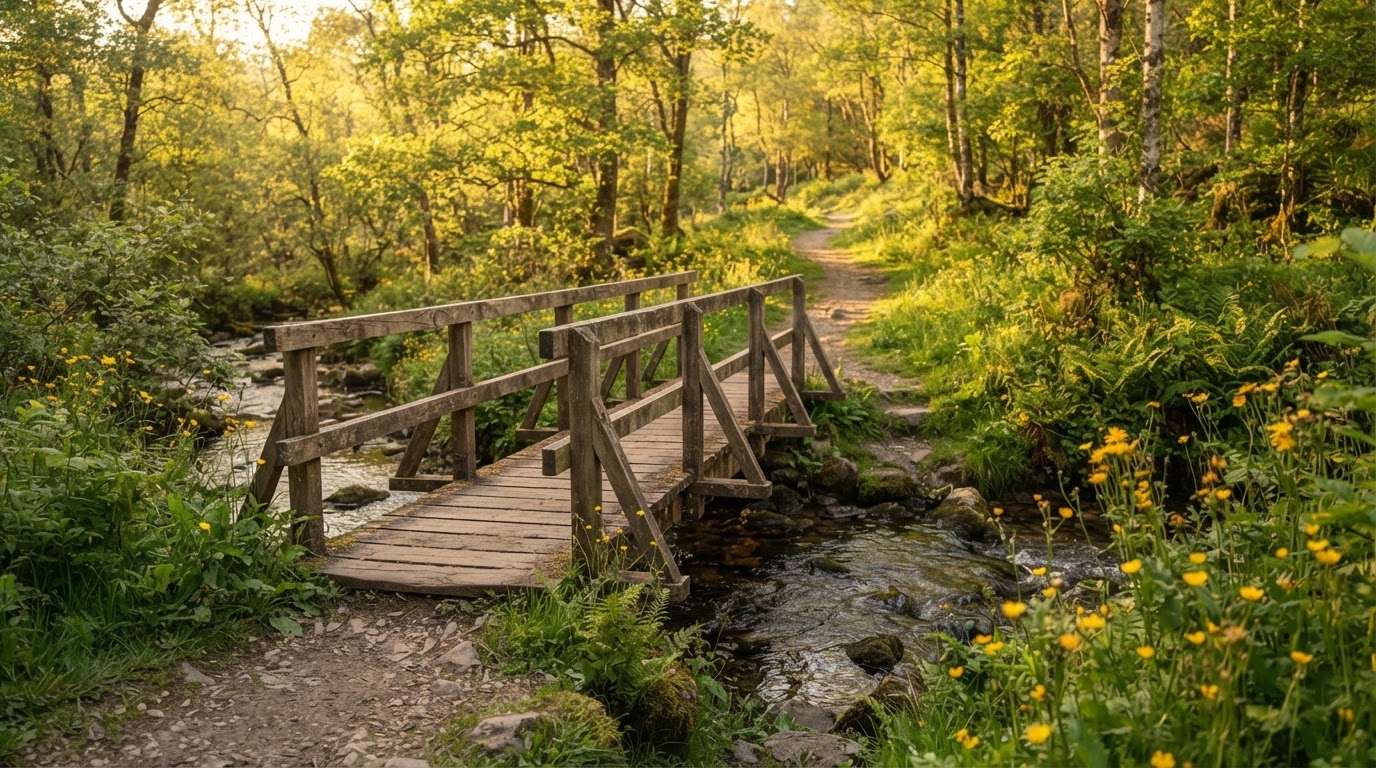 A rustic wooden footbridge crossing a sunlit path surrounded by lush greenery and golden wildflowers