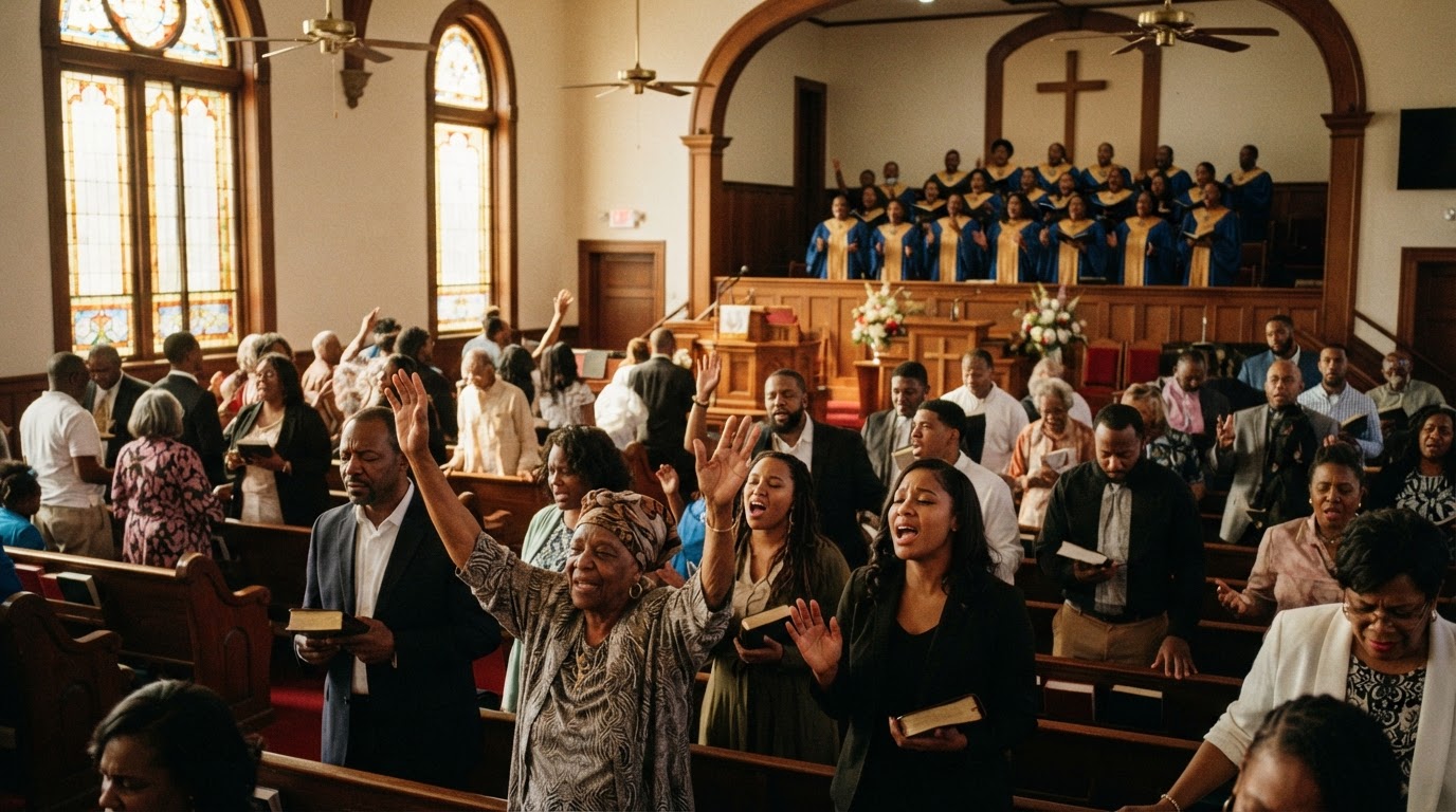 Members of Community Baptist Church of Fort Wayne worshipping together in the sanctuary