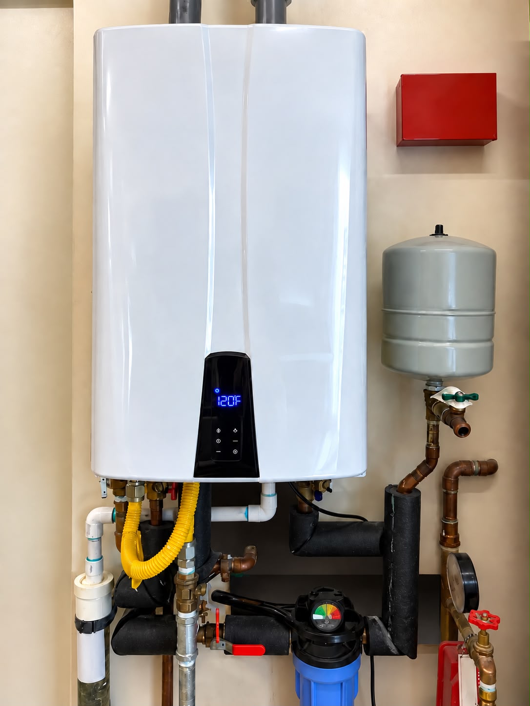 Tankless water heater installation set to 120 degrees by Restoration Plumbing Services
