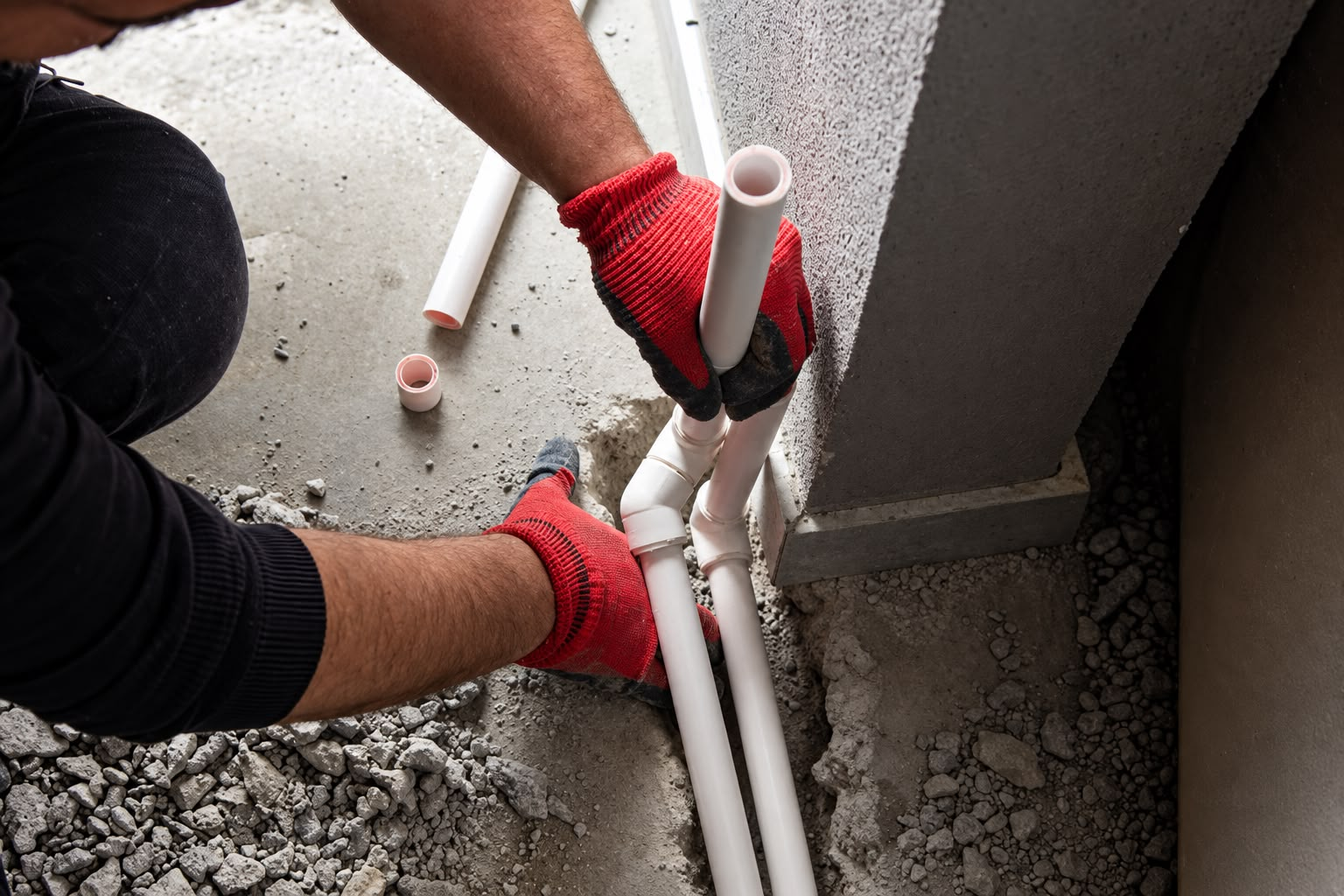 Plumbing technician precision-installing drainage and supply pipework into concrete foundation