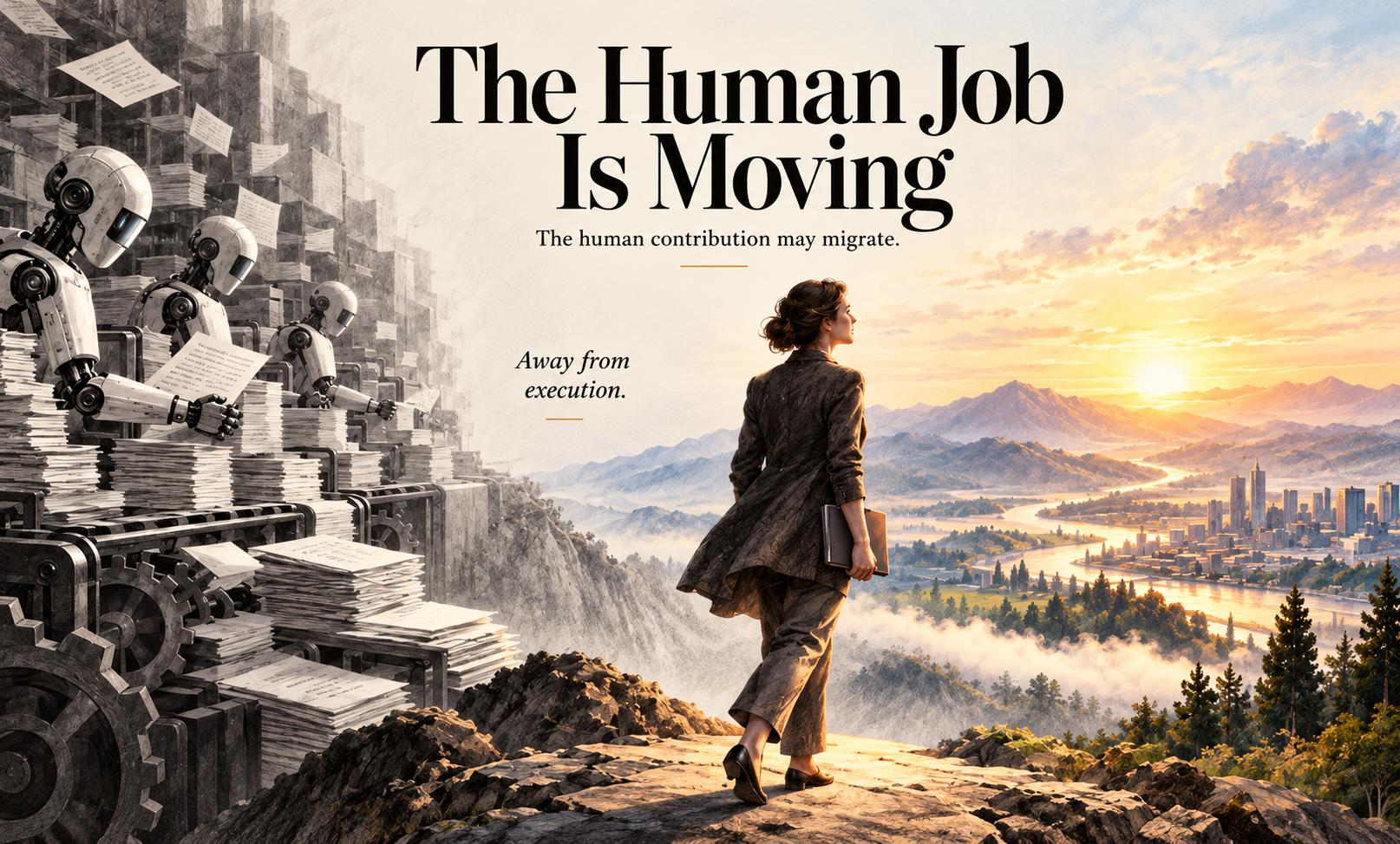 The Human Job Is Moving — The human contribution may migrate. Away from execution. A human leader walking toward a sunlit valley while mechanical automation handles mass paper processing.