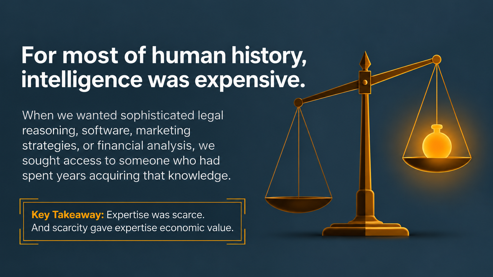 Infographic: For most of human history, intelligence was expensive. Expertise was scarce, and scarcity gave expertise economic value.