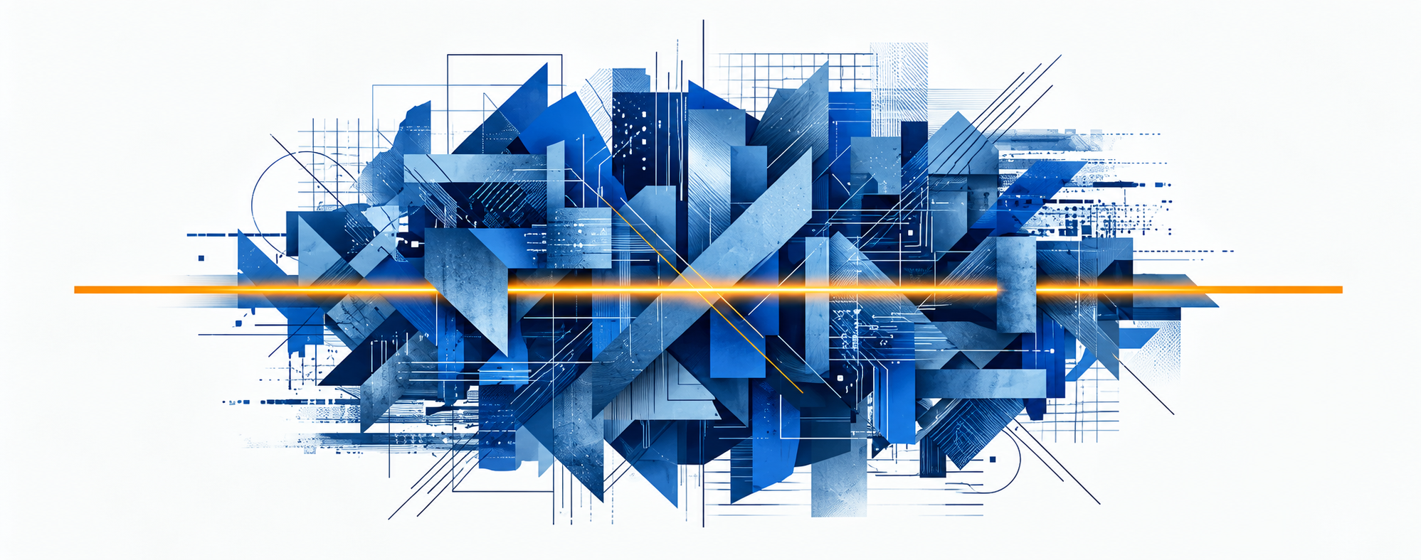 Abstract geometric composition in blue and gold representing excess output, complexity, and scale in modern production