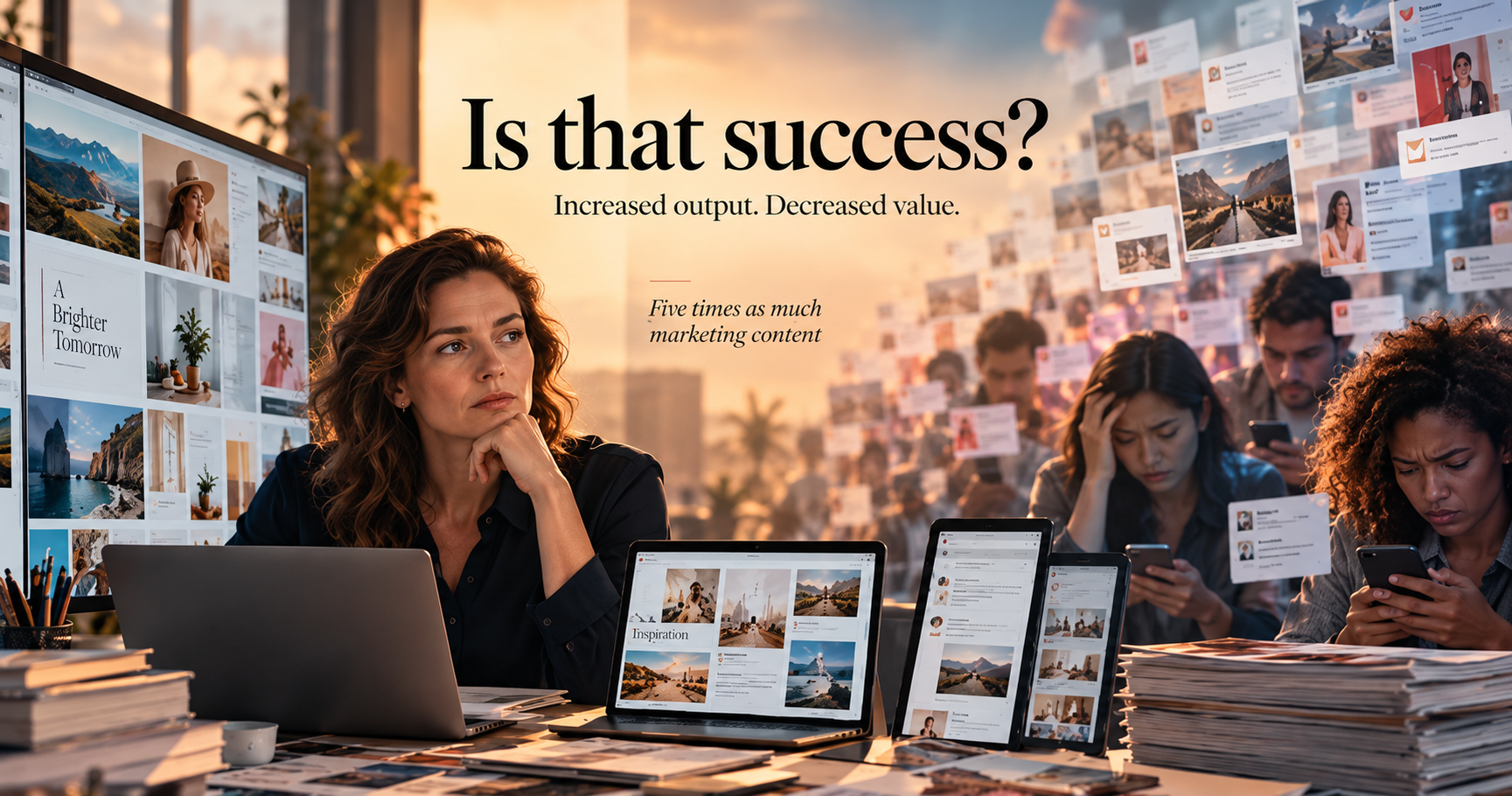 Is that success? Increased output. Decreased value. A professional surrounded by overwhelming streams of marketing content.