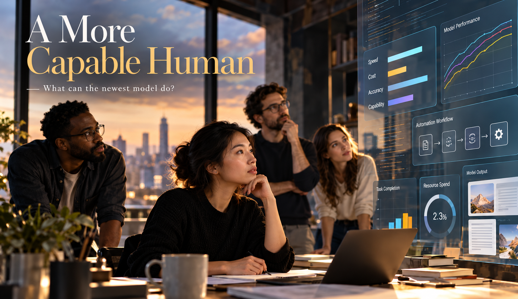 A More Capable Human — What can the newest model do? A team of thinkers and professionals observing analytics of model performance, speed, cost, accuracy, and automation workflows