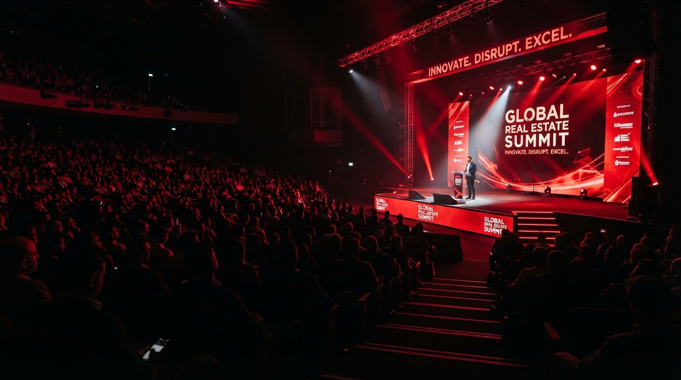 A packed REACH real estate conference auditorium with a dramatically lit stage