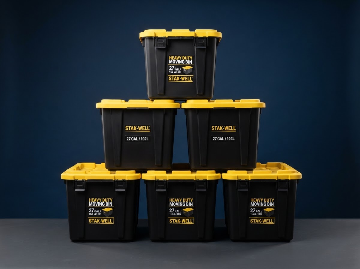 Neatly stacked black Indy Bins with bright yellow lids