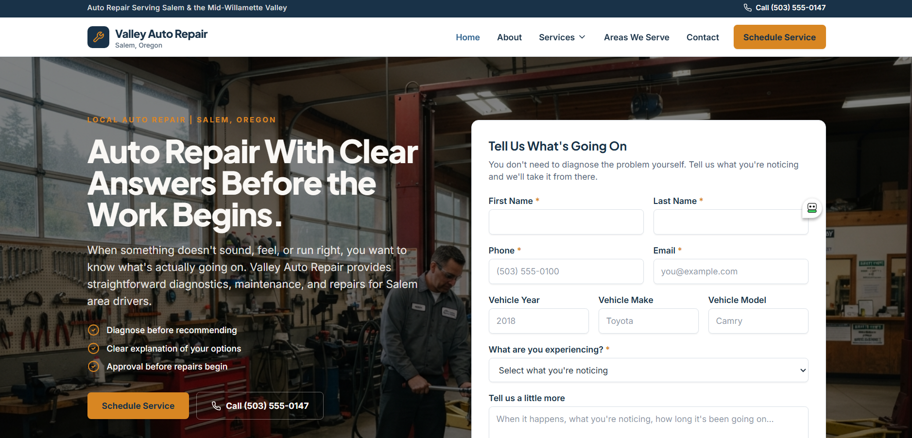 Valley Auto Repair TrustSite™ example hero section